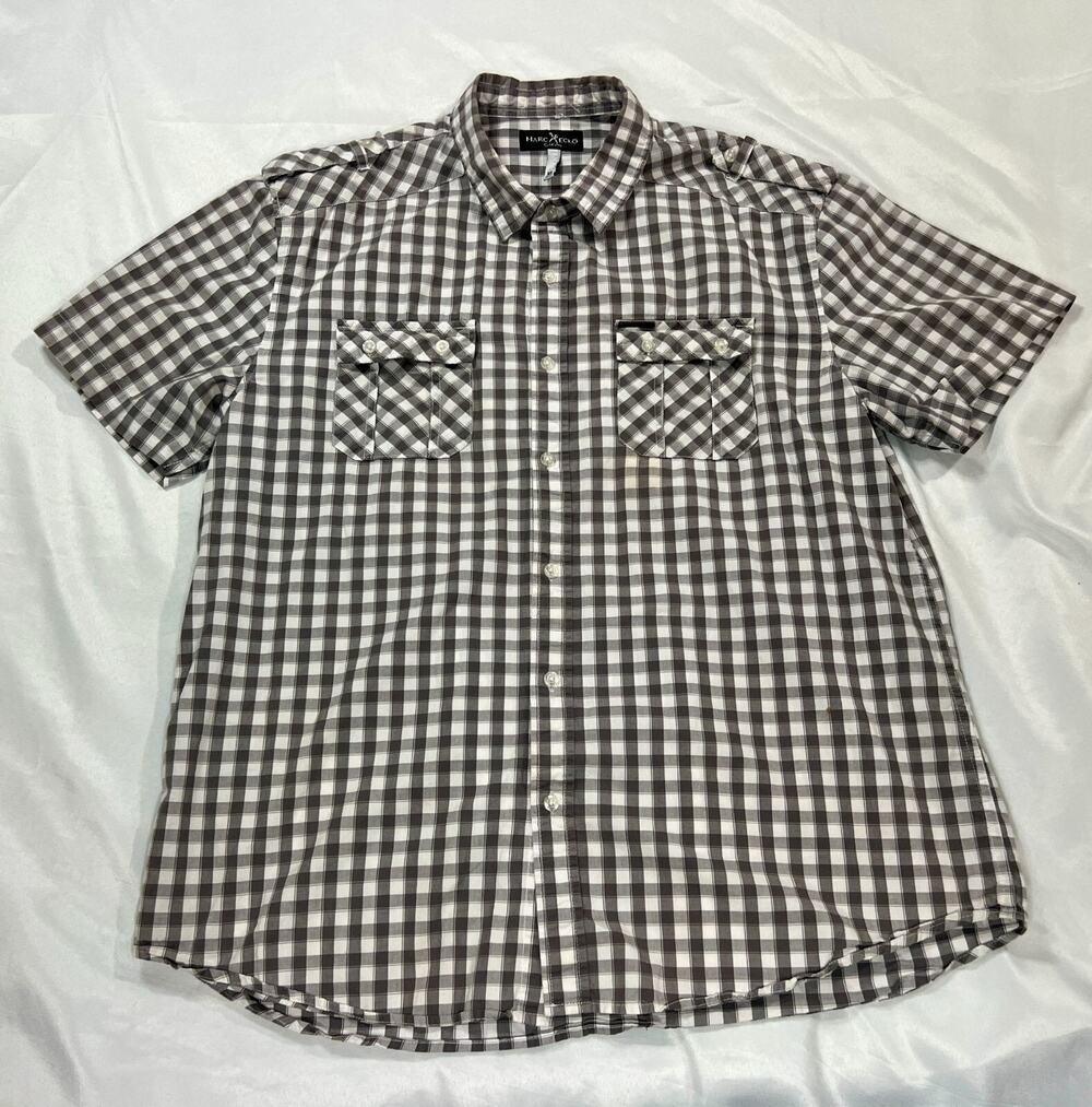 Marc Ecko Cut & Sew Button UpShort Sleeve Shirt Mens Sz XL Black White Check